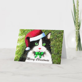 Tarjeta Festiva Feliz felino navideño en Santa Hat