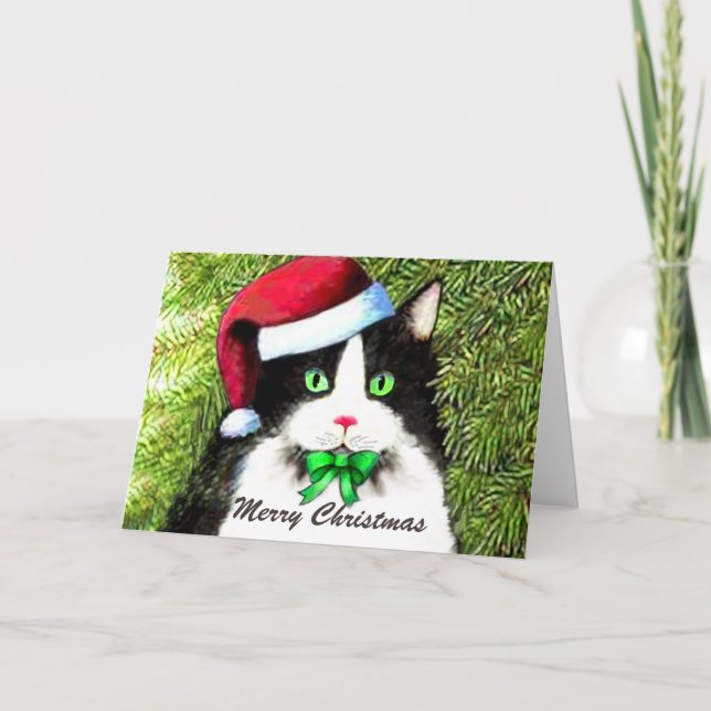 Tarjeta Festiva Feliz felino navideño en Santa Hat (Anverso)