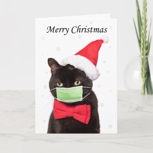 Tarjeta Festiva Feliz felino navideño en Santa Hat y Mask (Anverso)