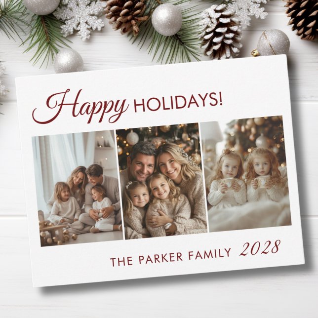 Tarjeta Festiva ¡Feliz feriado! 3 Foto, blanco, mínimo (Happy Holidays! 3 Photo, White,Red, Minimal, Modern Holiday Card)