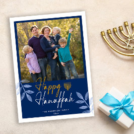 Tarjeta Festiva Feliz feriado de fotos azul oscuro en Hanukkah