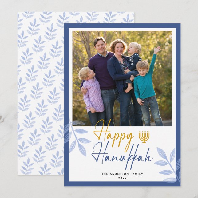 Tarjeta Festiva Feliz feriado de fotos blancas en Hanukkah (Anverso / Reverso)