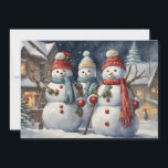 Tarjeta Festiva Feliz feriado de Navidades de Snowmen<br><div class="desc">Vintage tarjeta de felicitación de Navidad con un cuadro de tres felices hombres de nieve. Personalizado en la parte posterior con su mensaje y nombre. Comuníquese conmigo para obtener ayuda con su personalización o para solicitar productos adicionales de correspondencias o coordinación de Zazzle.</div>