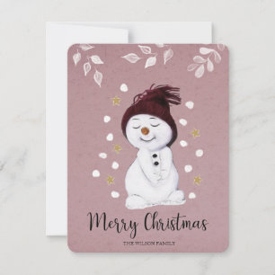 Tarjeta Festiva Feliz feriado de Navidades rosados de Snowman