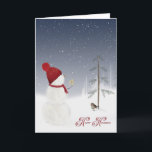 Tarjeta Festiva Feliz feriado de nieve con estrella<br><div class="desc">Hombre de nieve con gorra roja y bufanda y estrella dorada de Navidades para pino viejo para Felices Fiestas</div>
