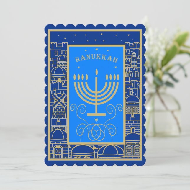 Tarjeta Festiva Feliz feriado judío Hanukkah Gold Menorah (Anverso de pie)