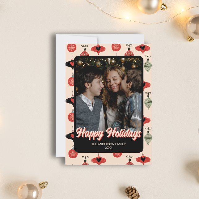 Tarjeta Festiva Feliz feriado Navidades Foto de la familia Black (Happy Holidays Christmas Family Photo Black Holiday Card)