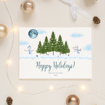 Tarjeta Festiva Feliz feriado Snowman Christmas Tree Holiday Card<br><div class="desc">Hombre de nieve con bufanda azul, luna azul, árboles de Navidad, nubes, pinos, vacaciones felices, nombre de familia, apellido personalizado, tarjeta de vacaciones, tarjetas de Navidad, tarjetas de Navidad simplistas, tarjetas de Navidad 2024, tarjetas de Navidad 2023, ideas de tarjetas de vacaciones, diseño de tarjetas de Navidad, tarjetas de Navidad...</div>