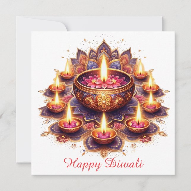 Tarjeta Festiva Feliz Festival de Luz Diwali Floral Diya Rangoli (Anverso)