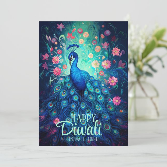 Tarjeta Festiva Feliz Festival Diwali de Luces Peacock (Anverso de pie)