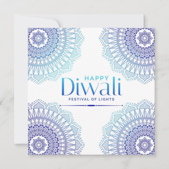 Tarjeta Festiva Feliz Festival Diwali de Mandala Blanca Azul (Anverso)