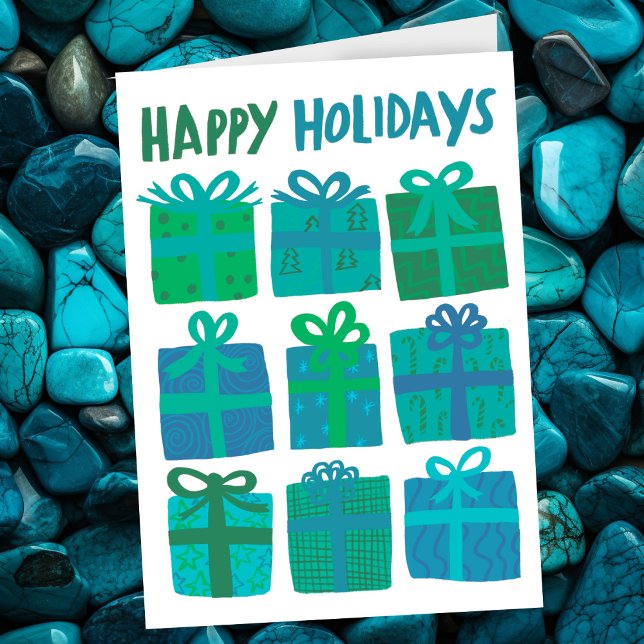 Tarjeta Festiva FELIZ FESTIVAL Regalos Navidades PERSONALIZADO dib (HAPPY HOLIDAYS Gifts Green Blue Christmas CUSTOM Hand-drawn Holiday Card
)