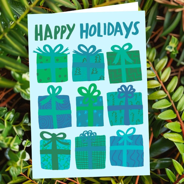 Tarjeta Festiva FELIZ FESTIVAL Regalos Navidades PERSONALIZADO dib (HAPPY HOLIDAYS Gifts Christmas CUSTOM Hand-drawn Blue Green Cute Holiday Card
)