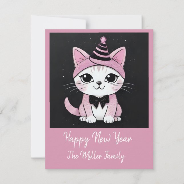 Tarjeta Festiva Feliz fiesta de Año Nuevo - Gato disfrazado (Anverso)
