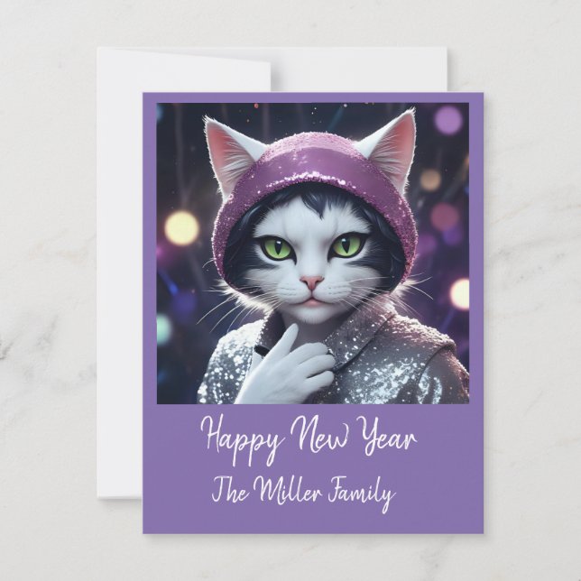 Tarjeta Festiva Feliz fiesta de Año Nuevo - Gato disfrazado (Anverso)