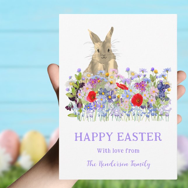 Tarjeta Festiva Feliz fiesta de Pascua, conejo y flores silvestres (Easter Bunny Floral personalized holiday greetings card)