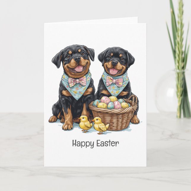 Tarjeta Festiva Feliz fiesta de Pascua de Rottweiler para perros (Anverso)
