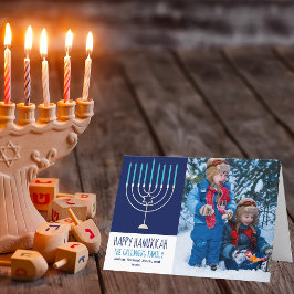 Tarjeta Festiva Feliz foto de la familia Hanukkah Blue Menorah dob