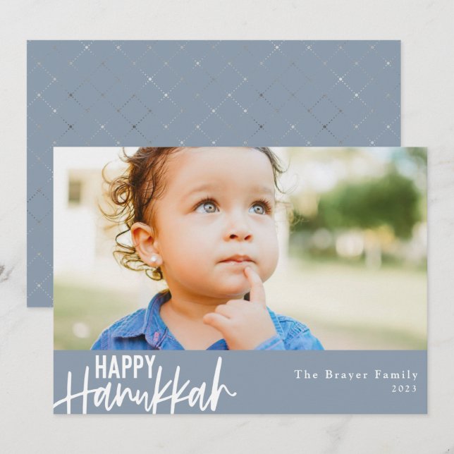 Tarjeta Festiva Feliz foto moderna de Hanukkah azul turbio (Anverso / Reverso)