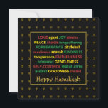 Tarjeta Festiva FELIZ Fruta HANUKKAH del Espíritu Menorah NEGRO<br><div class="desc">Colorida tarjeta de felicitación Happy Hanukkah con falsos menorahs de oro en sutil patrón de fondo. FRUTA DEL ESPÍRITU incluyendo traducciones en hebreo están escritas en rojo, amarillo y verde. FELIZ HANUKKAH es personalizable si quieres añadir otro saludo. El mensaje interior también puede cambiarse a uno de sus opciones, y...</div>