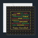 Tarjeta Festiva FELIZ Fruta HANUKKAH del Espíritu Menorah NEGRO<br><div class="desc">Colorida tarjeta de felicitación Happy Hanukkah con falsos menorahs de oro en sutil patrón de fondo. FRUTA DEL ESPÍRITU incluyendo traducciones en hebreo están escritas en rojo, amarillo y verde. FELIZ HANUKKAH es personalizable si quieres añadir otro saludo. El mensaje interior también puede cambiarse a uno de sus opciones, y...</div>
