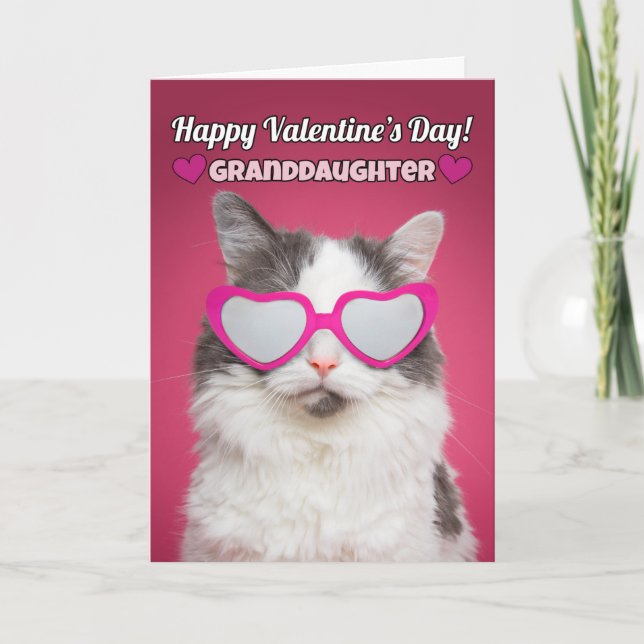 Tarjeta Festiva Feliz gato a nieta de San Valentín (Anverso)