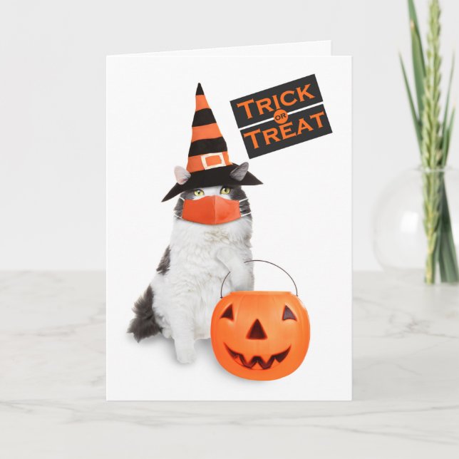 Tarjeta Festiva Felíz gato de Halloween adornado con máscara facia (Anverso)