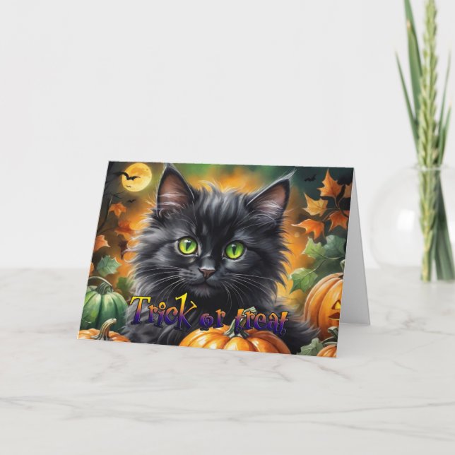 Tarjeta Festiva Feliz Gato de Halloween con calabaza (Anverso)