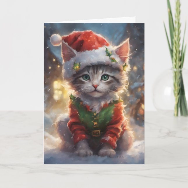 Tarjeta Festiva Feliz Gato de Navidad, Santa Kitten, Mascotas de v (Anverso)