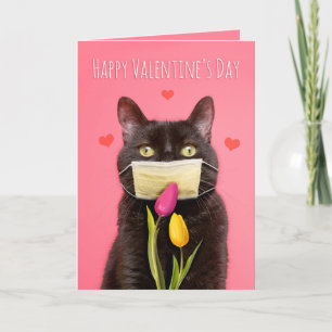 Tarjeta Festiva Feliz gato del día de San Valentín en máscara faci
