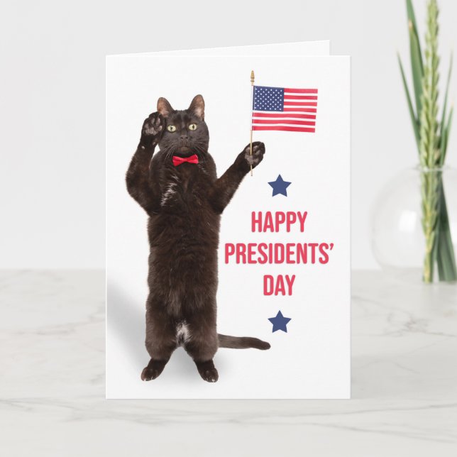 Tarjeta Festiva Feliz gato del día del presidente saludando con hu (Anverso)