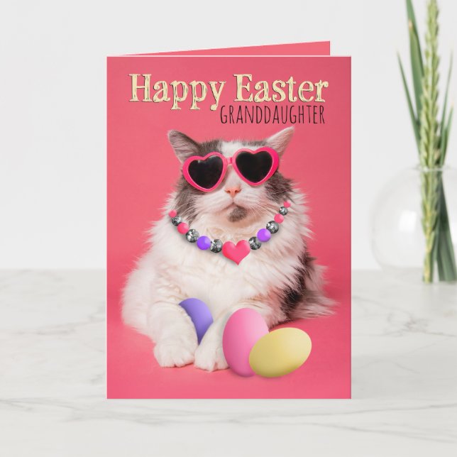 Tarjeta Festiva Feliz Gato Glamoroso De Nieta De Pascua Con Huevos (Anverso)