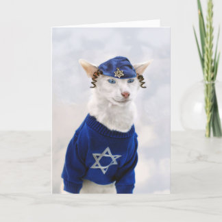 Tarjeta Festiva Feliz Gato Hanukkah con Payot y Yarmulke