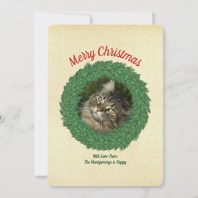 Tarjeta Festiva Feliz gato navideño en una foto de un Mascota guer (Anverso)