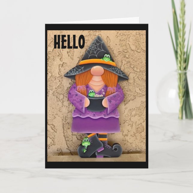 TARJETA FESTIVA FELIZ GNOME DICE "HOLA" EN GRACIAS A "USTEDES" (Anverso)
