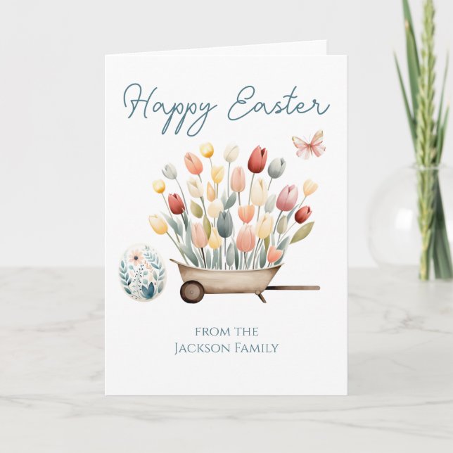 Tarjeta Festiva Feliz Guión de Pascua con barril de rueda de tulip (Anverso)