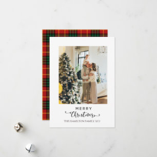 Tarjeta Festiva Feliz guión navideño rojo platillo artán foto
