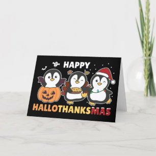 Tarjeta Festiva Feliz Hallothanksmas Pingüinos Navidades Penguin H
