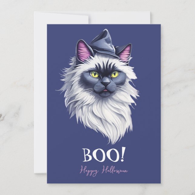 Tarjeta Festiva Feliz Halloween acuarela birman cat en bruja gorra (Anverso)