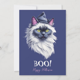 Tarjeta Festiva Feliz Halloween acuarela birman cat en bruja gorra