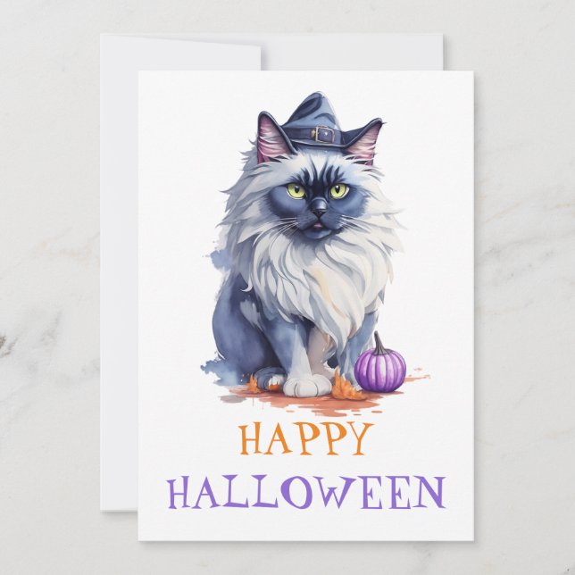 Tarjeta Festiva Feliz Halloween acuarela birman cat en bruja gorra (Anverso)