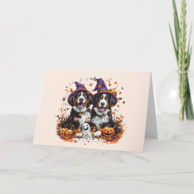 Tarjeta Festiva Feliz Halloween Bernese Mountain Dogs (Anverso)