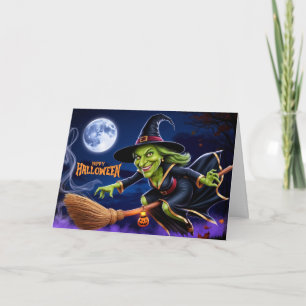 Tarjeta Festiva Feliz Halloween Bruja Espantosa en Escoba 