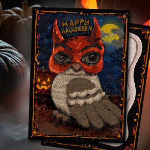 Tarjeta Festiva Feliz Halloween Búho Arte Popular Máscara de Diabl