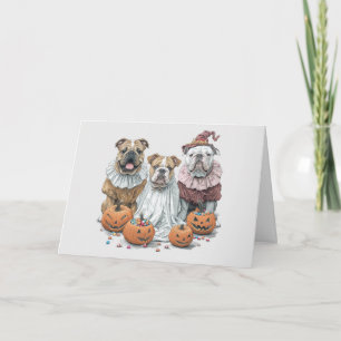 Tarjeta Festiva Feliz Halloween Bulldogs Ingleses Calabaza