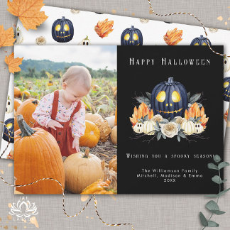 Tarjeta Festiva Feliz Halloween Calabazas Espeluznantes Cristales 