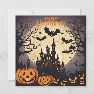 Tarjeta Festiva Feliz Halloween - Casa Embrujada, Calabazas y Murc