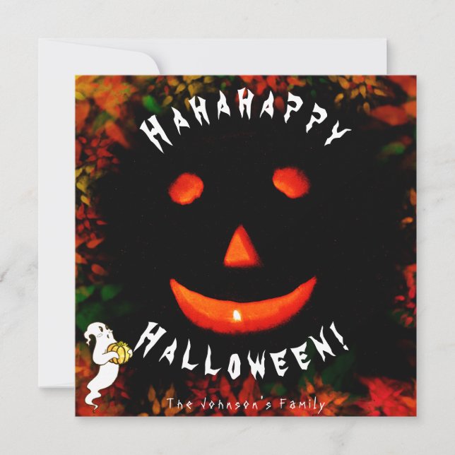 Tarjeta Festiva Feliz Halloween de cara de calabaza con hojas vibr (Anverso)