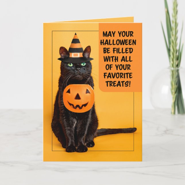 Tarjeta Festiva Feliz Halloween divertido gato negro en Gorra de b (Anverso)