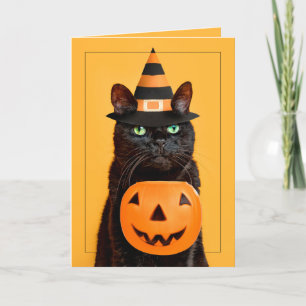 Tarjeta Festiva Feliz Halloween divertido gato negro en Gorra de b
